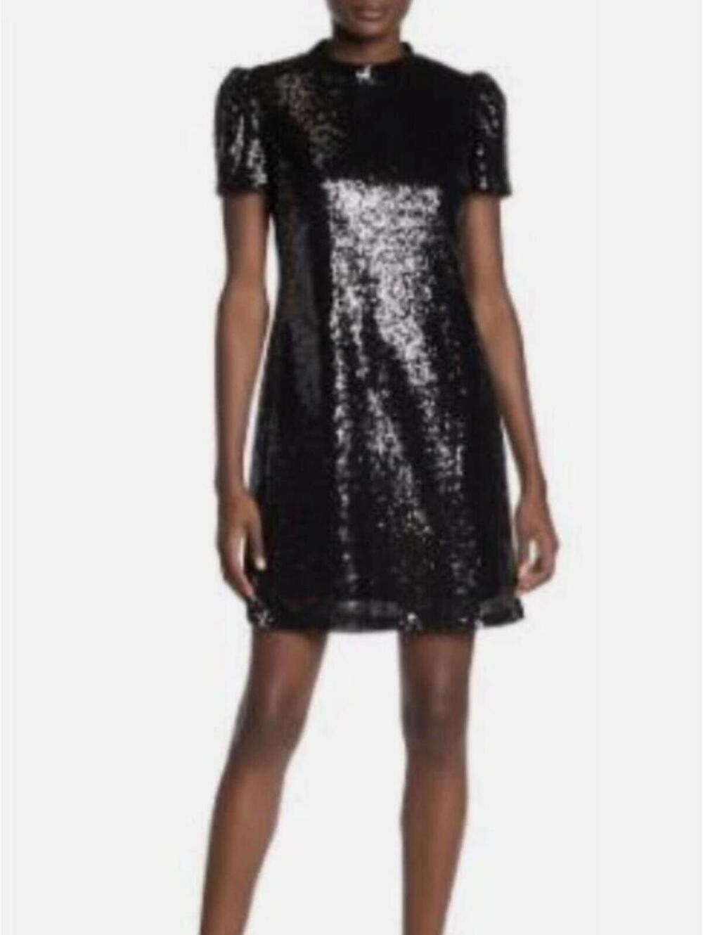 Marina Black Sequin Mini Dress Puff Sleeve Mock Neck Size 14 Party Holiday